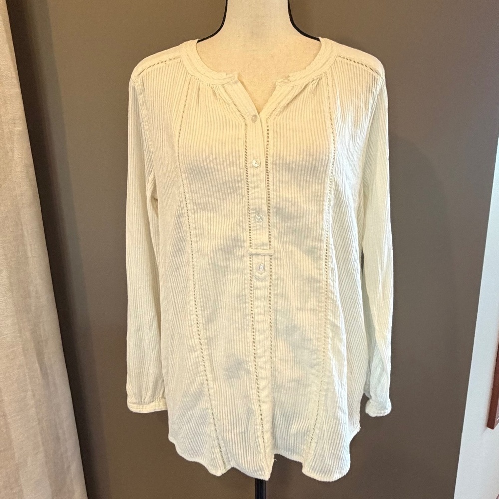 Lucky Brand Cream Ribbed Knit Henley Long Sleeve, Country, Size Medium